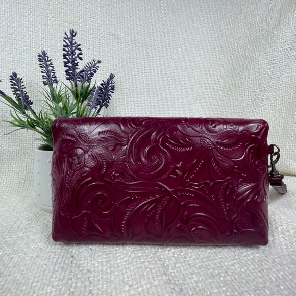 Patricia Nash "Valerie" Burgundy Floral-Embossed TooledLeather Fold-OverWristlet - Picture 3 of 14